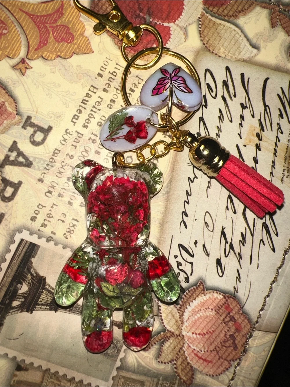 Handmade Floral Resin Bear Keychain, backpack or purse charm.